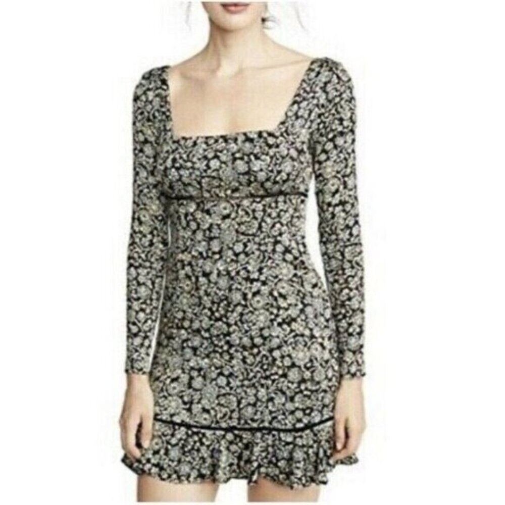 Free People Boheme Mini Dress Floral Print Square Neck Ruffle Hem Black Size 2